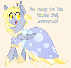Size: 600x575 | Tagged: dead source, safe, artist:nyanpegasus, derpy hooves, pegasus, pony, ask princess derpy, g4, clothes, colored pupils, crown, dress, female, hoof shoes, jewelry, mare, peytral, princess derpy, regalia, simple background, solo