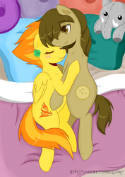 Size: 1280x1810 | Tagged: safe, artist:pijinpyon, spitfire, oc, oc:chocolate chips, earth pony, pegasus, pony, g4, bed, blushing, canon x oc, clover, eyes closed, female, firechips, four leaf clover, freckles, male, mare, shipping, snuggling, stallion, straight