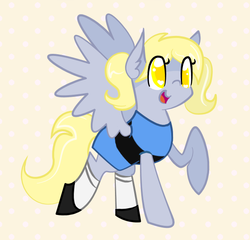 Size: 600x575 | Tagged: dead source, safe, artist:nyanpegasus, derpy hooves, pegasus, pony, g4, bubbles (powerpuff girls), colored pupils, female, mare, parody, pigtails, simple background, solo, the powerpuff girls