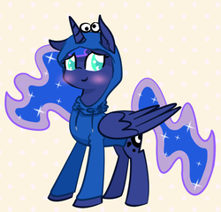 Size: 600x575 | Tagged: dead source, safe, artist:nyanpegasus, princess luna, alicorn, pony, g4, clothes, colored pupils, cookie monster, cute, female, hoodie, lunabetes, simple background, solo