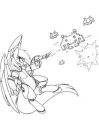 Size: 860x1088 | Tagged: safe, artist:longinius, oc, oc only, robot, grayscale, gun, monochrome, solo, space invaders, taito