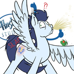 Size: 900x900 | Tagged: safe, artist:glasdale, soarin', pegasus, pony, g4, hasbro, juice box, male, reddened butt, soarin-responde, solo, spanking, stallion