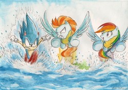 Size: 2312x1628 | Tagged: safe, artist:souleatersaku90, lightning dust, rainbow dash, g4, commission, crossover, flying, lake, male, running, sonic the hedgehog, sonic the hedgehog (series), the simple life, traditional art, water, watercolor painting