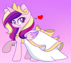 Size: 1280x1129 | Tagged: safe, artist:potatogirlivy, princess cadance, alicorn, pony, g4, bride, clothes, dress, female, heart, raised hoof, smiling, solo, wedding dress