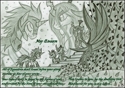 Size: 2338x1647 | Tagged: safe, artist:rossmaniteanzu, queen chrysalis, oc, oc:quill, changeling, g4, armor, bowing, chrysalislover, loyalty, queen, smiling, throne