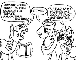 Size: 667x525 | Tagged: safe, artist:samueleallen, applejack, big macintosh, twilight sparkle, earth pony, pony, g4, book, fancy mathematics, lineart, magic, male, monochrome, stallion