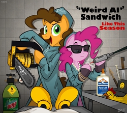 Size: 1955x1734 | Tagged: safe, artist:wolfjedisamuel, boneless, cheese sandwich, iron will, pinkie pie, earth pony, pony, g4, pinkie pride, chainsaw, elmer's glue, female, hasbro logo, laser, like a surgeon, male, mare, mickey mouse, mountain dew, offscreen character, parody, parody of a parody, pov, saving mr. banks, stallion, surgeon simulator 2013, this will end in tears and/or death, weird al yankovic