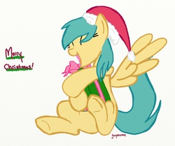 Size: 896x748 | Tagged: safe, artist:gwynevere, sunshower raindrops, pegasus, pony, g4, female, hat, present, santa hat, simple background, solo