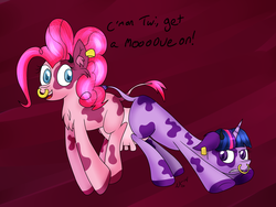 Size: 4000x3000 | Tagged: safe, artist:novaspark, pinkie pie, twilight sparkle, cow pony, g4, conjoined, conjoined by crotchboobs, ear tag, lol, nose ring, pincow pie, species swap, twilight sparcow, udder, wat, wtf