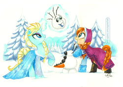 Size: 800x570 | Tagged: safe, artist:amy mebberson, anna, disney, dragonified, elsa, frozen (movie), olaf, ponified