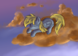 Size: 1500x1071 | Tagged: safe, artist:ardail, derpy hooves, pegasus, pony, g4, cloud, cloudy, female, mare, sleeping, smiling, solo