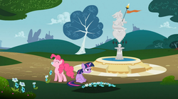 Size: 1054x592 | Tagged: safe, edit, pinkie pie, twilight sparkle, g4, flower, grumpy twilight