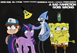 Size: 2316x1601 | Tagged: safe, artist:supermaster10, twilight sparkle, g4, bad fanfic, bill cipher, crossover, dipper pines, gravity falls, journal #3, male, mass crossover, mordecai, plankton, regular show, spongebob squarepants, spongebob squarepants (character), this will not end well