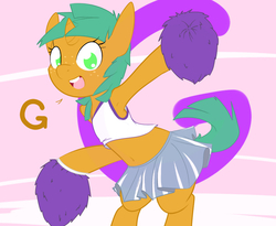 Size: 1100x900 | Tagged: safe, artist:kryptchild, snails, pony, unicorn, semi-anthro, ask glitter shell, g4, armpits, belly button, cheerleader, clothes, cute, freckles, glitter shell, male, midriff, shellbetes, skirt, solo, tumblr