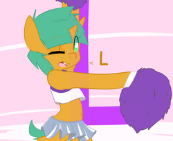 Size: 1100x900 | Tagged: safe, artist:kryptchild, snails, pony, unicorn, semi-anthro, ask glitter shell, g4, belly button, cheerleader, clothes, cute, glitter shell, male, midriff, shellbetes, skirt, solo, tumblr