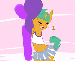 Size: 1100x900 | Tagged: safe, artist:kryptchild, snails, pony, unicorn, semi-anthro, ask glitter shell, g4, armpits, belly button, cheerleader, clothes, cute, glitter shell, male, midriff, shellbetes, skirt, solo, tumblr