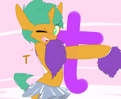 Size: 1100x900 | Tagged: safe, artist:kryptchild, snails, pony, unicorn, semi-anthro, ask glitter shell, g4, cheerleader, clothes, cute, glitter shell, male, midriff, shellbetes, skirt, solo, tumblr