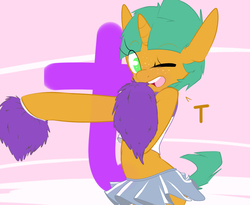 Size: 1100x900 | Tagged: safe, artist:kryptchild, snails, pony, unicorn, semi-anthro, ask glitter shell, g4, cheerleader, clothes, cute, glitter shell, male, midriff, shellbetes, skirt, solo, tumblr