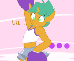 Size: 1100x900 | Tagged: safe, artist:kryptchild, snails, pony, unicorn, semi-anthro, ask glitter shell, g4, armpits, cheerleader, clothes, glitter shell, male, midriff, skirt, solo, tumblr