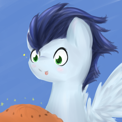 Size: 1024x1024 | Tagged: safe, artist:chiweee, soarin', g4, heart, male, pie, solo, that pony sure does love pies, tongue out