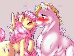 Size: 1280x980 | Tagged: safe, artist:fatcakes, bulk biceps, fluttershy, pegasus, pony, g4, :p, blushing, boop, exclamation point, eyes closed, female, heart, male, mare, noseboop, raised hoof, ship:flutterbulk, shipping, smiling, spread wings, stallion, straight, tongue out