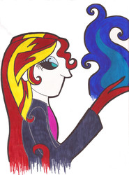 Size: 2531x3420 | Tagged: safe, artist:grocerystorephobic, sunset shimmer, equestria girls, g4, female, fiery shimmer, fire, humanized, pyromancy, solo, traditional art, uncolored skin