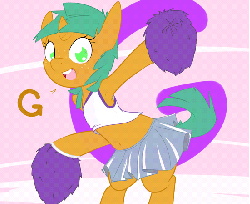 Size: 550x450 | Tagged: source needed, safe, artist:kryptchild, snails, pony, unicorn, semi-anthro, g4, animated, armpits, cheerleader, cheerleading, clothes, crossdressing, cute, glitter shell, male, midriff, shellbetes, skirt, solo, trap