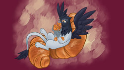 Size: 1024x576 | Tagged: safe, artist:countcarbon, giselle, irma, griffon, g4, rainbow falls, background griffon, croissant, eating, solo
