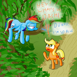 Size: 1000x1000 | Tagged: safe, artist:cgeta, applejack, rainbow dash, g4, blue, dialogue, duo, floppy ears, prone, pun, sad, spread wings, tree