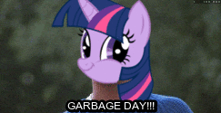 Size: 243x125 | Tagged: safe, twilight sparkle, g4, animated, female, garbage day, gun, irl, male, photo, picture for breezies, ricky, silent night deadly night, twiface, wrong neighborhood
