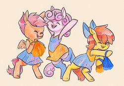Size: 1256x871 | Tagged: safe, artist:fornicata, apple bloom, scootaloo, sweetie belle, earth pony, pony, g4, bipedal, cheerleader, cutie mark crusaders
