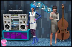 Size: 1102x725 | Tagged: safe, artist:tx-slade-xt, dj pon-3, octavia melody, vinyl scratch, human, g4, boots, cello, clothes, dress, high heel boots, humanized, jacket, light skin, musical instrument, pants, shirt, shoes, skirt, the sims, the sims 3