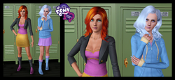 Size: 1812x837 | Tagged: safe, artist:tx-slade-xt, sunset shimmer, trixie, equestria girls, g4, boots, clothes, high heel boots, hoodie, humanized, jacket, light skin, shirt, shoes, skirt, the sims, the sims 3
