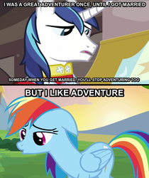 Size: 624x743 | Tagged: safe, rainbow dash, shining armor, g4, adventurer, arrow in the knee (meme), marriage, meme, sad