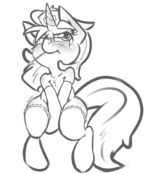 Size: 689x743 | Tagged: safe, artist:leadhooves, oc, oc only, oc:kneaded rubber, backwards thermometer, blushing, chest fluff, clothes, glasses, grayscale, monochrome, solo, stockings, thermometer