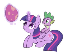 Size: 555x463 | Tagged: safe, artist:lulubell, spike, twilight sparkle, oc, oc:xiá, alicorn, pony, g4, egg, female, magic, mare, simple background, transparent background, twilight sparkle (alicorn)