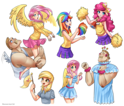 Size: 1600x1377 | Tagged: safe, artist:racoonsan, bulk biceps, derpy hooves, fluttershy, pinkie pie, twilight sparkle, human, g4, rainbow falls, breasts, busty fluttershy, cheerleader, cheerleader sparkle, clothes, dress, female, horn, horned humanization, humanized, implied flutterbulk, implied shipping, lifted up, lifting, light skin, scene interpretation, shipping fuel, sketch dump, skirt, sweater, sweatershy, t-shirt, tank top, winged humanization
