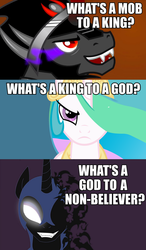 Size: 996x1700 | Tagged: safe, king sombra, nightmare moon, princess celestia, g4, frank ocean, image macro, jay-z, kanye west, lyrics, no church in the wild, song reference, tyrant