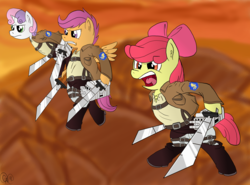Size: 2566x1900 | Tagged: safe, artist:mariokid97, apple bloom, scootaloo, sweetie belle, g4, attack on titan, cutie mark crusaders