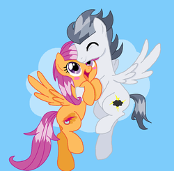 Size: 1024x1004 | Tagged: safe, artist:centchi, artist:nathash-frient, rumble, scootaloo, g4, blushing, female, hug, male, older, ship:rumbloo, shipping, straight, trace