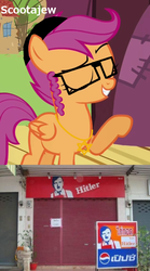 Size: 575x1036 | Tagged: safe, scootaloo, pegasus, pony, g4, adolf hitler, glasses, hitler fried chicken, holocaust joke, judaism, kfc, pepsi, scootabuse, scootachicken, scootajew, thai, wat, we are going to heil, we are going to hell