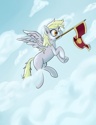 Size: 1190x1540 | Tagged: safe, artist:swordkirby, derpy hooves, pegasus, pony, g4, rainbow falls, female, flag, flying, mare, solo, the grey one's glorious return