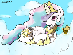 Size: 1280x960 | Tagged: safe, artist:thenicestperson, princess celestia, g4, cloud, cloudy, eating, female, magic, muffin, sky, solo, telekinesis
