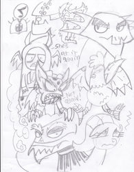 Size: 789x1013 | Tagged: safe, artist:toon-n-crossover, idw, ahuizotl, big boy the cloud gremlin, imp the mimicker, runt the cloud gremlin, cloud gremlins, cockatrice, crystal pony, hydra, mimicker, nightmare forces, pony, g4, antagonist, bat wings, breaking the fourth wall, clothes, cloud, diamond dog guard, goggles, jacket, multiple heads, music notes, necklace, shadowforces, sweater