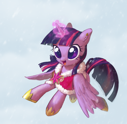 Size: 1098x1072 | Tagged: safe, artist:uher0, twilight sparkle, alicorn, pony, g4, clothes, cute, female, flying, magic, mare, solo, twiabetes, twilight sparkle (alicorn), winter