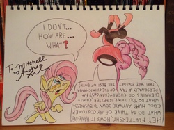 Size: 2592x1936 | Tagged: dead source, safe, artist:nocturnalmeteor, fluttershy, pinkie pie, earth pony, pegasus, pony, g4, andrea libman, autograph, clothes, confused, confusion, cosplay, costume, crossover, deadpool, dialogue, disbelief, female, how, in which pinkie pie forgets how to gravity, mare, marvel, pinkie being pinkie, pinkie physics, pinkiepool, speech bubble, spidermare, superhero, traditional art, voice actor joke