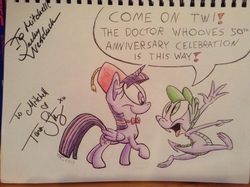 Size: 2592x1936 | Tagged: safe, artist:nocturnalmeteor, spike, twilight sparkle, alicorn, pony, g4, autograph, bowtie, cathy weseluck, cosplay, dialogue, doctor who, fan expo, female, fez, hat, mare, photo, sketchbook, speech bubble, tara strong, traditional art, twilight sparkle (alicorn)