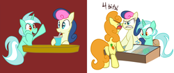 Size: 900x383 | Tagged: safe, artist:bambooharvester, artist:okami-ano-usagi, bon bon, carrot top, golden harvest, lyra heartstrings, sweetie drops, g4, bon bon is not amused, carrot, negotiating, saddle bag, scene interpretation, shopping, smoothie, table, working