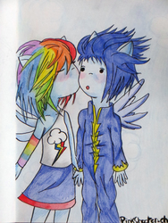 Size: 3000x4000 | Tagged: safe, artist:pinkshooer-chan, rainbow dash, soarin', human, g4, female, humanized, male, pony coloring, ship:soarindash, shipping, straight, traditional art, winged humanization, younger