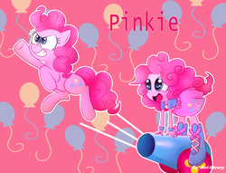 Size: 5132x3924 | Tagged: safe, artist:avi-library, pinkie pie, earth pony, human, pony, equestria girls, g4, balloon, human ponidox, partillery, party cannon, pony cannonball